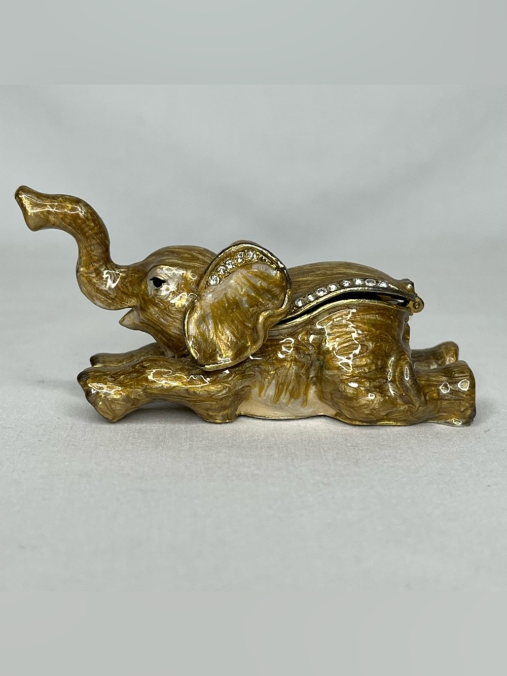 Vintage Small Gold Enamel Metal Elephant Limoge Type Trinket Box Crystals. 3.5"
